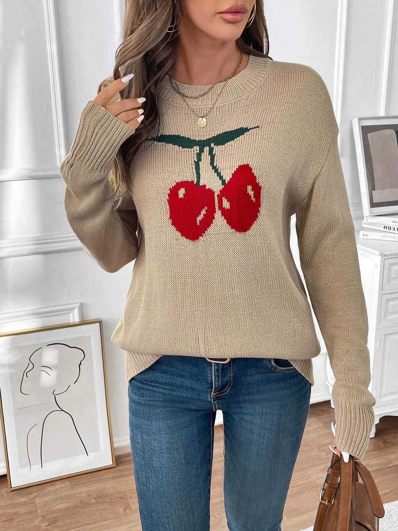 Oversized Cherry Crew Neck Knit Sweater