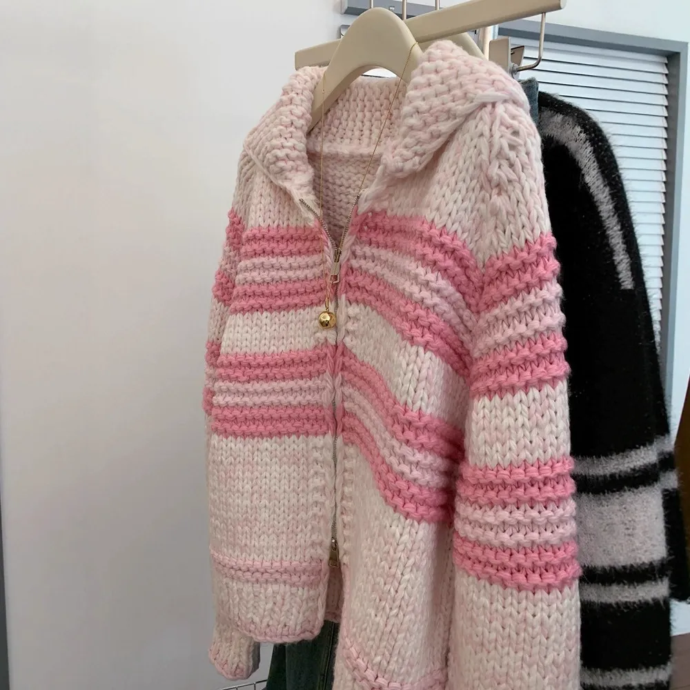 Pink Striped Knitted Cardigan Jacket