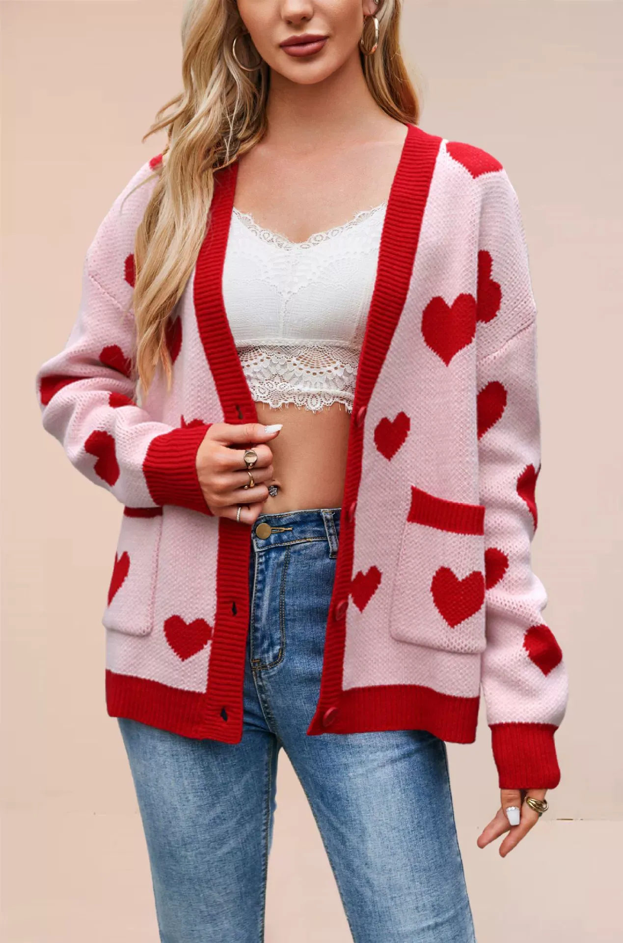 Heart Knit V-Neck Pocket Cardigan
