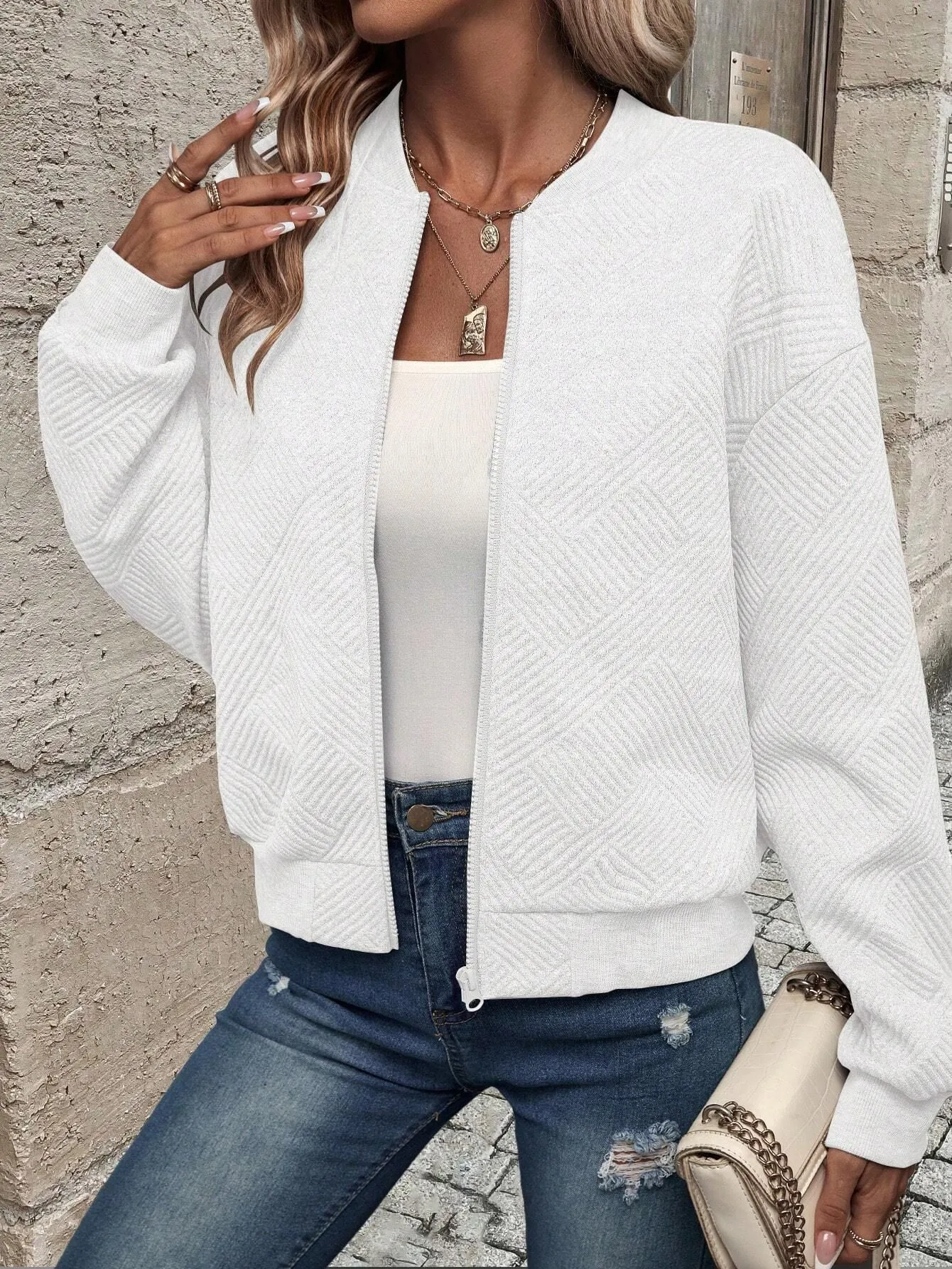 Solid Color Zip-Up Bomber Jacket