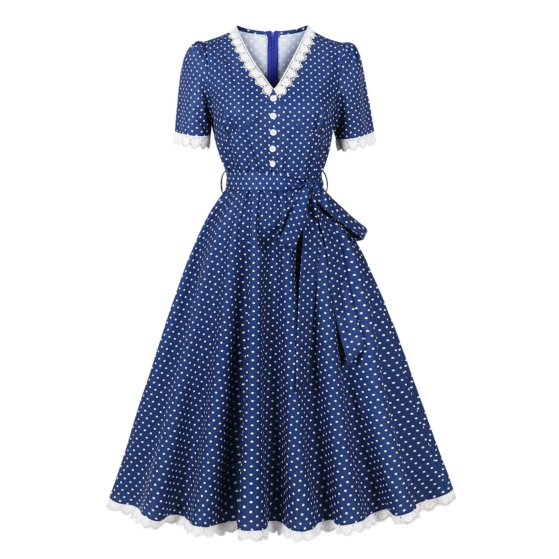 Retro French Lace Trim V-Neck Polka Dot Dress with Belt