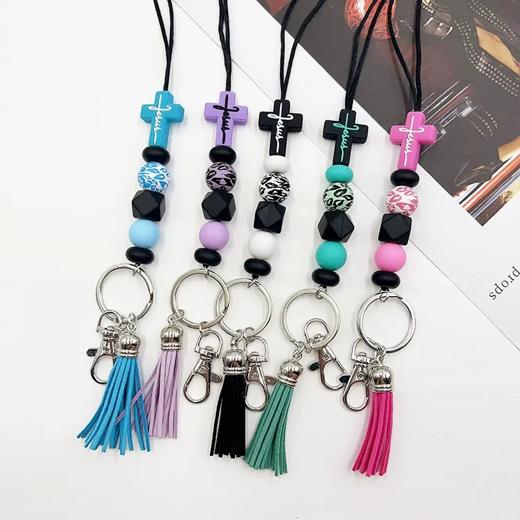 Handmade Silicone & Wood Beaded Lanyard with Cross - ID Badge & Key Holder