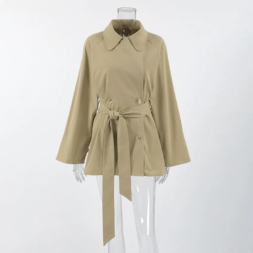 Chic Trench Coat with Belt - Khaki Mid-Length Jacket