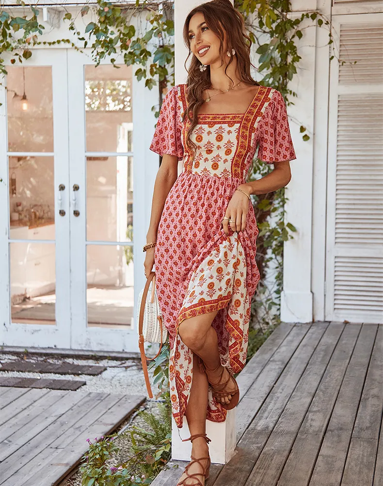 Resort Square Neck French Print Dress
