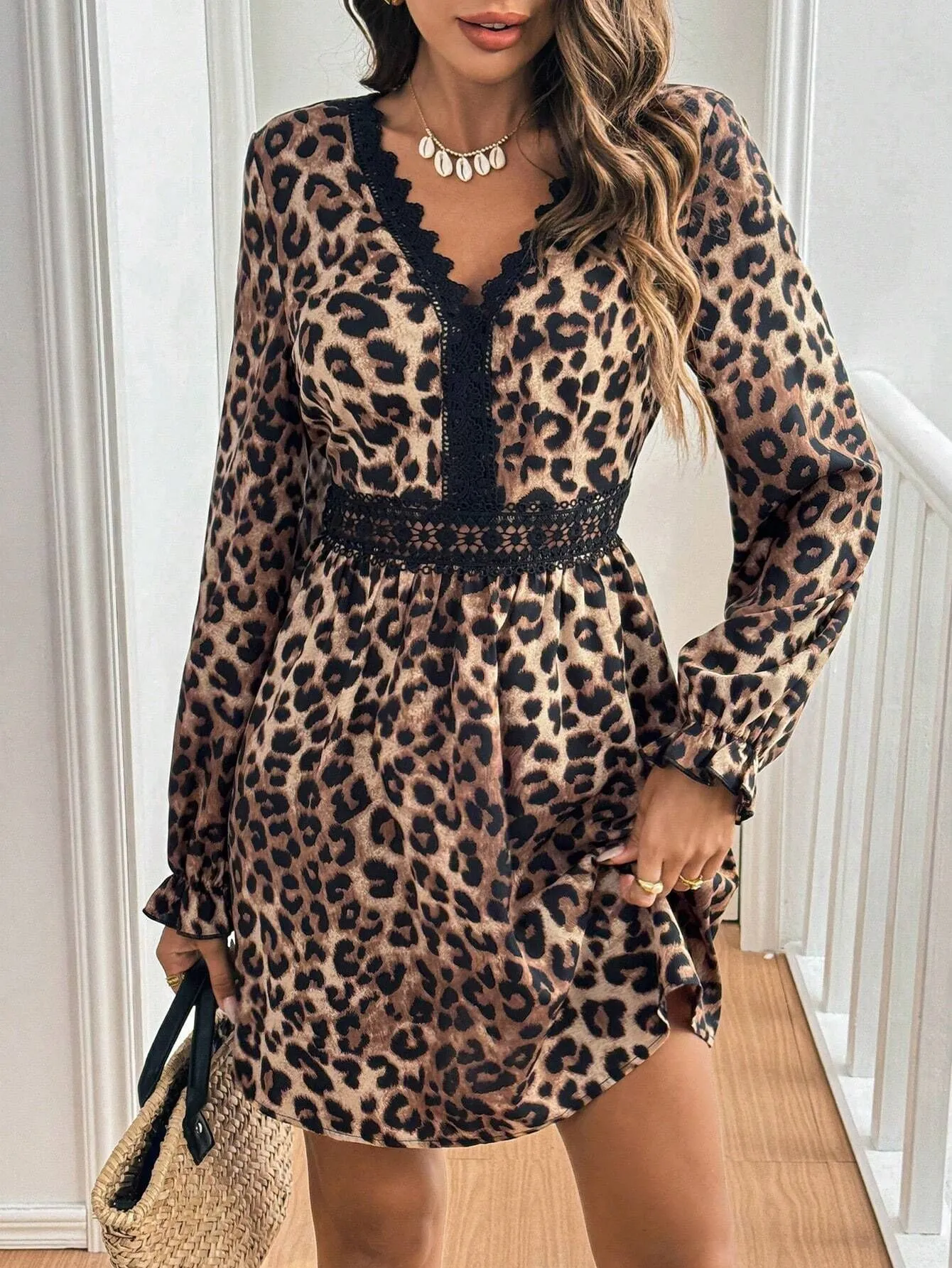 French Vintage Leopard V-Neck Long Sleeve Lace Dress