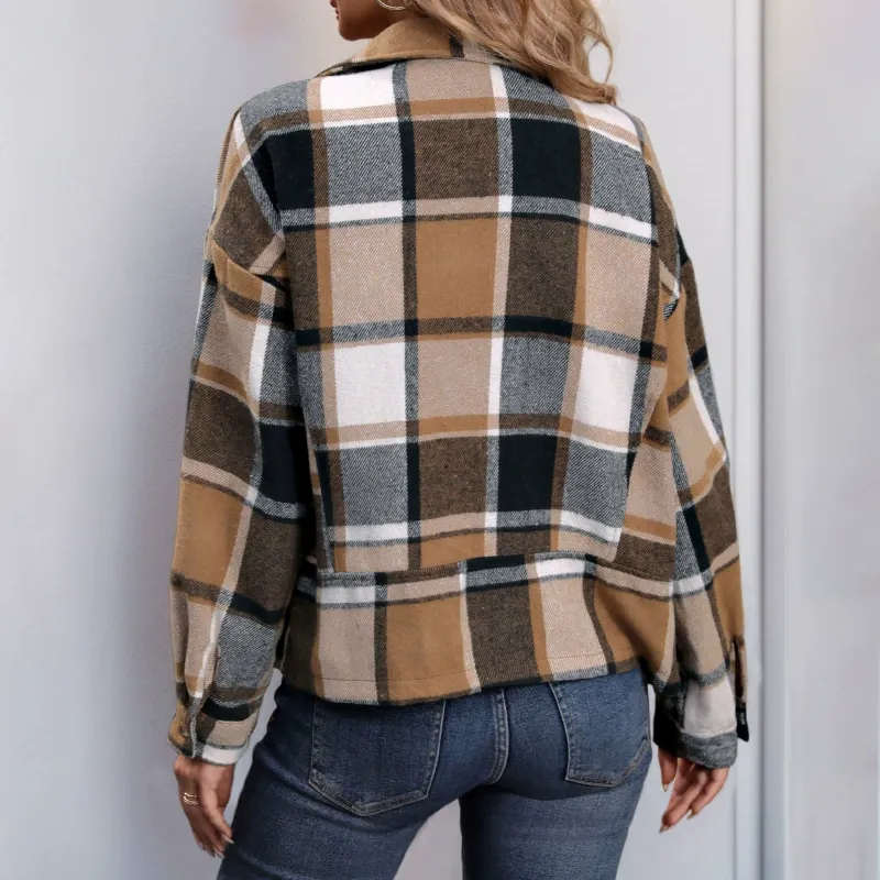 Casual Retro Plaid Brushed Lapel Jacket