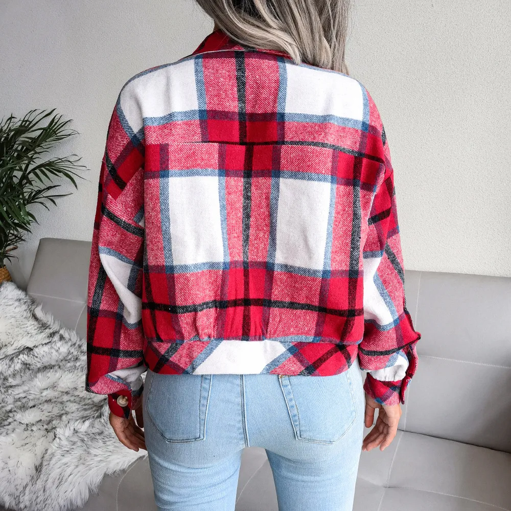 Plaid Lantern Sleeve Wool Blend Jacket