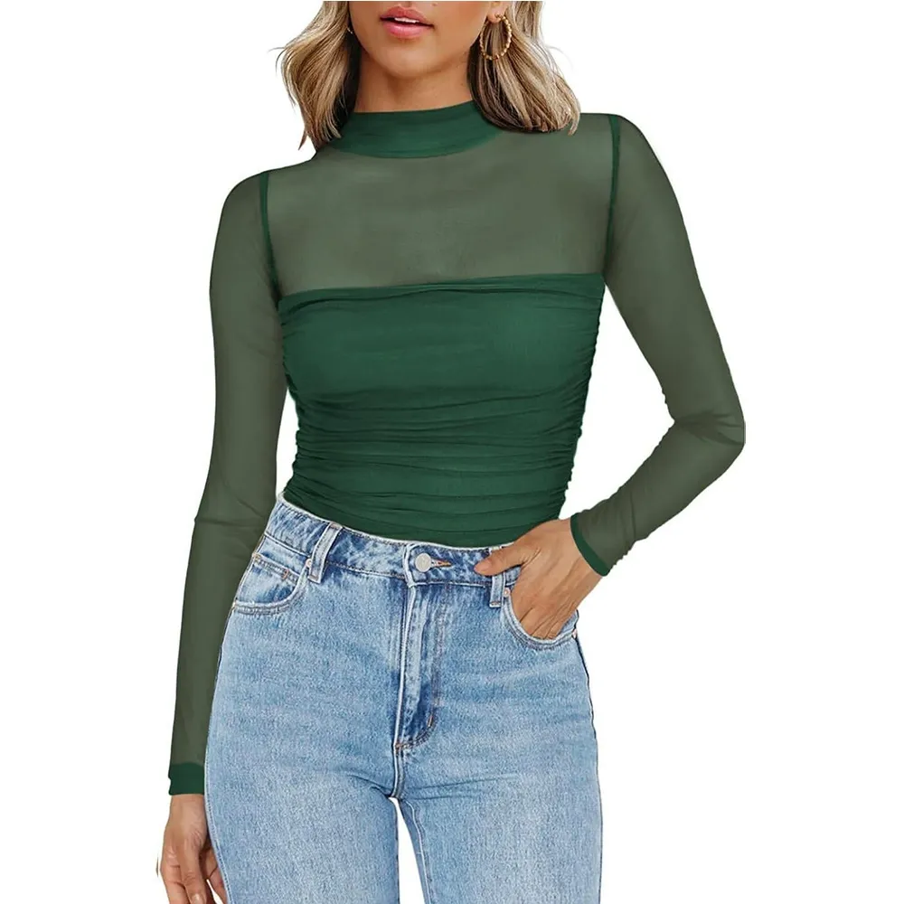 Sheer Mesh Long Sleeve Turtleneck Top