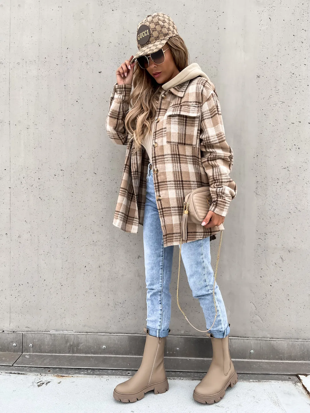 Plaid Wool Blend Hooded Coat