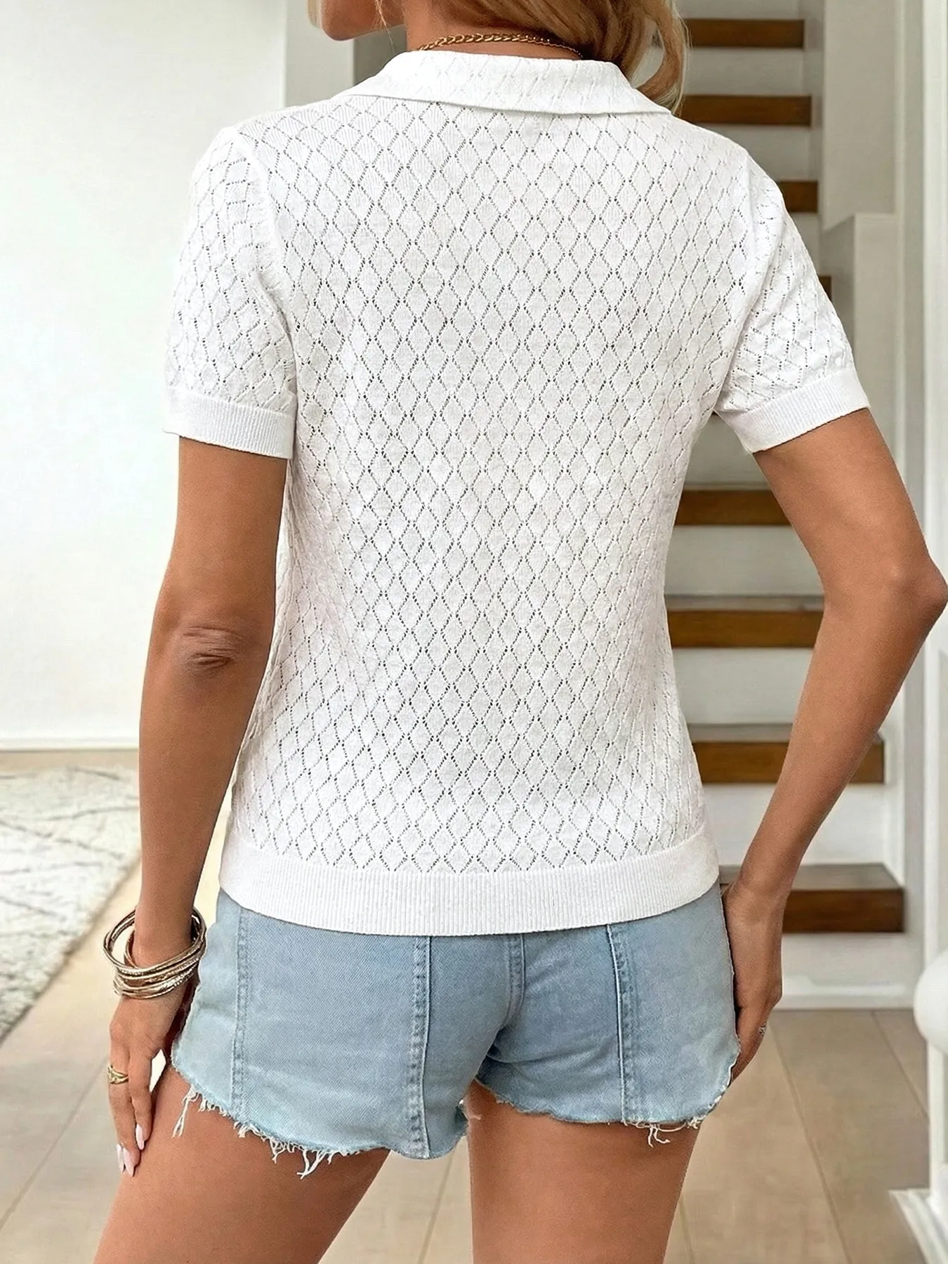 Casual Short Sleeve Collared Jacquard Knit Top