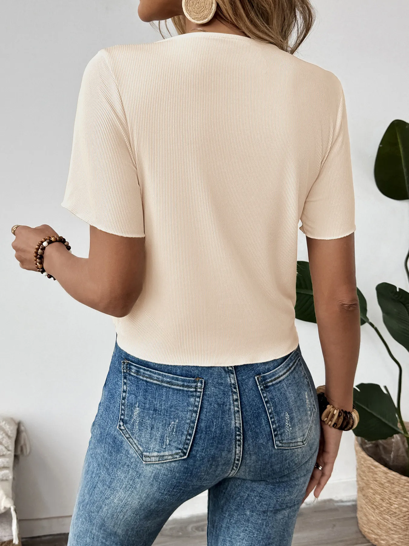 3D Flower Ruched Drawstring V-Neck Tee