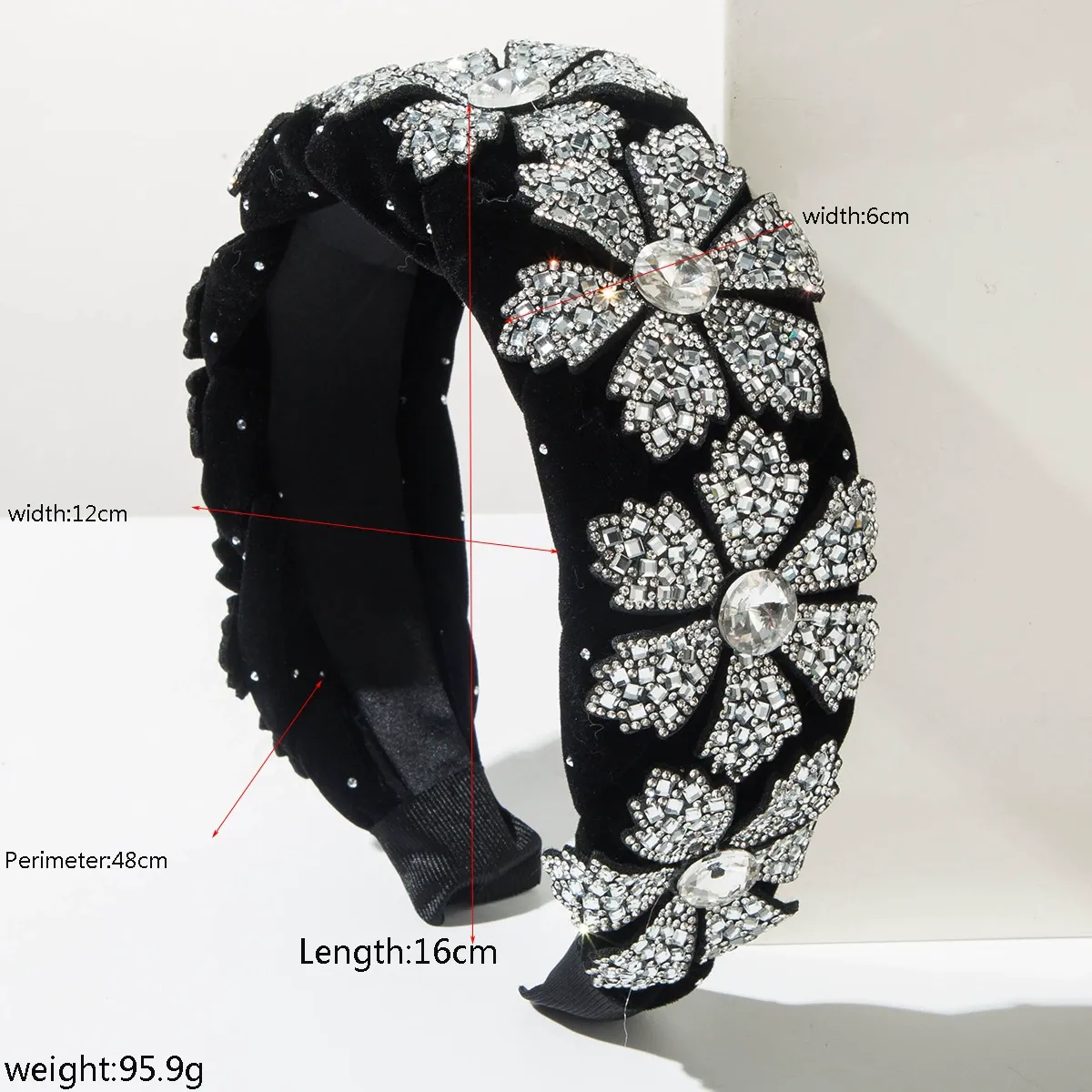 Wide Braided Velvet Headband with Sparkling Rhinestone Flowers