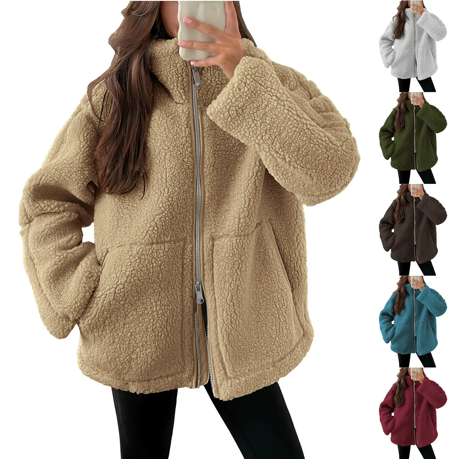 Solid Turtleneck Wool Sherpa Coat