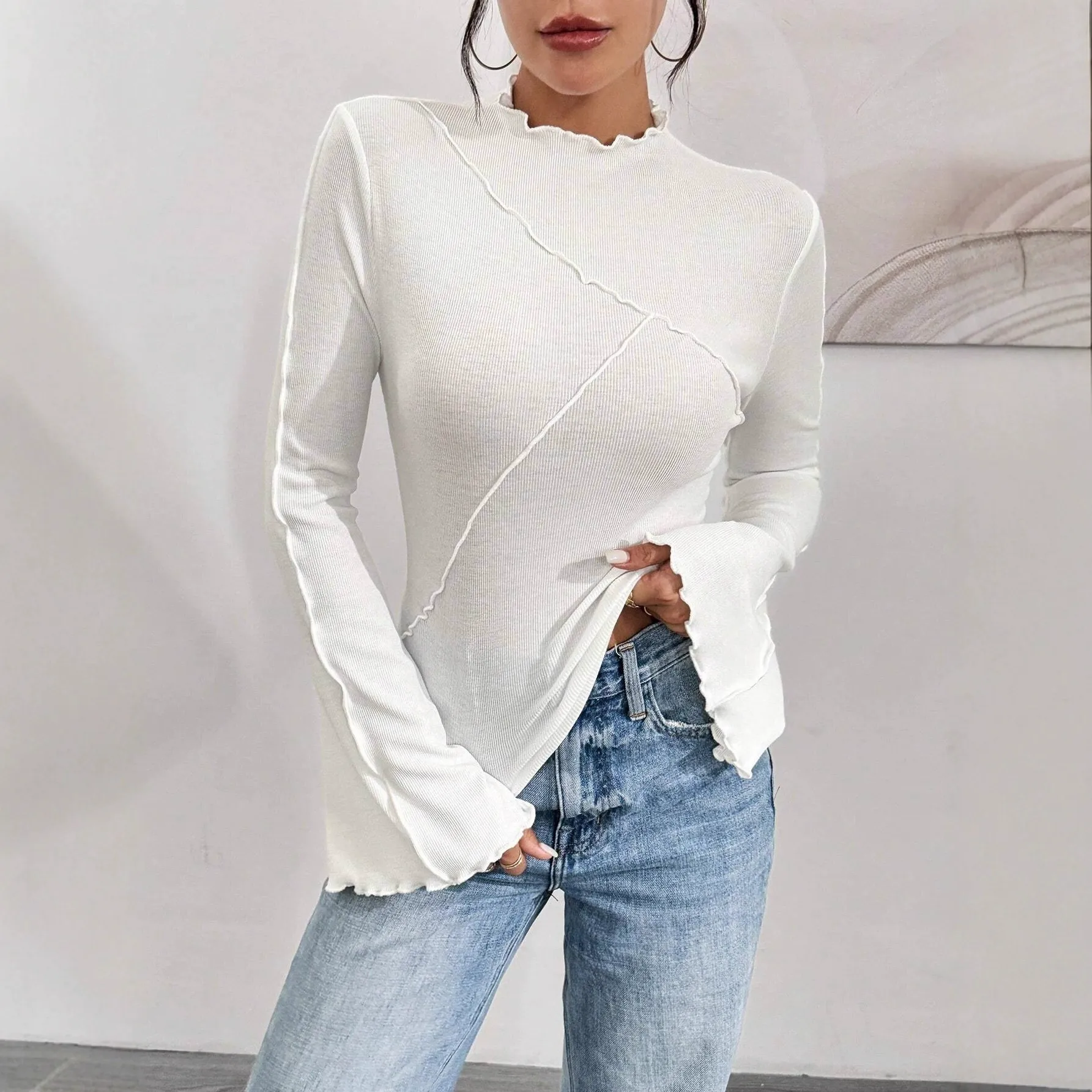 Asymmetrical Mock Neck Bell Sleeve Top with Diagonal Exposed Seams & Lace Trim