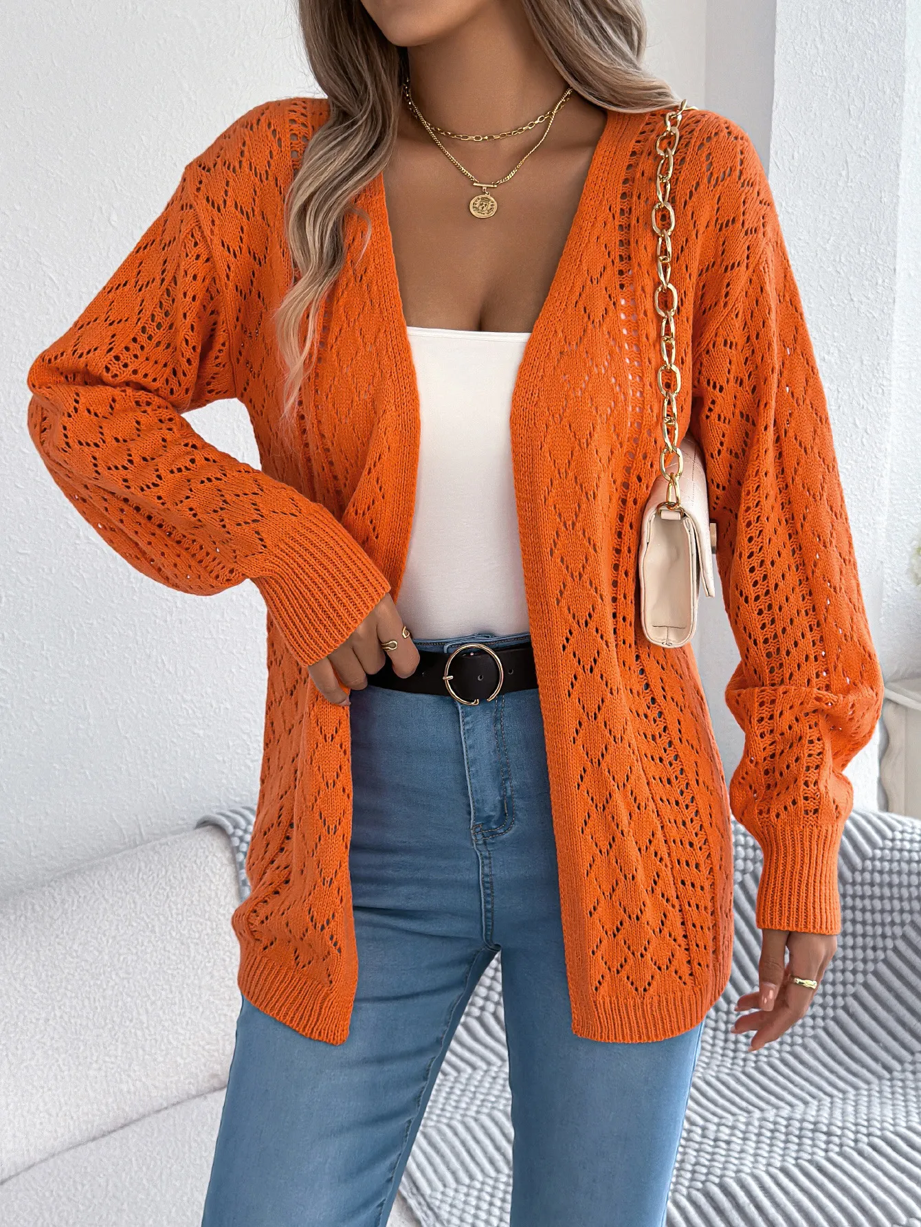 Lantern Sleeve Open Knit Longline Cardigan