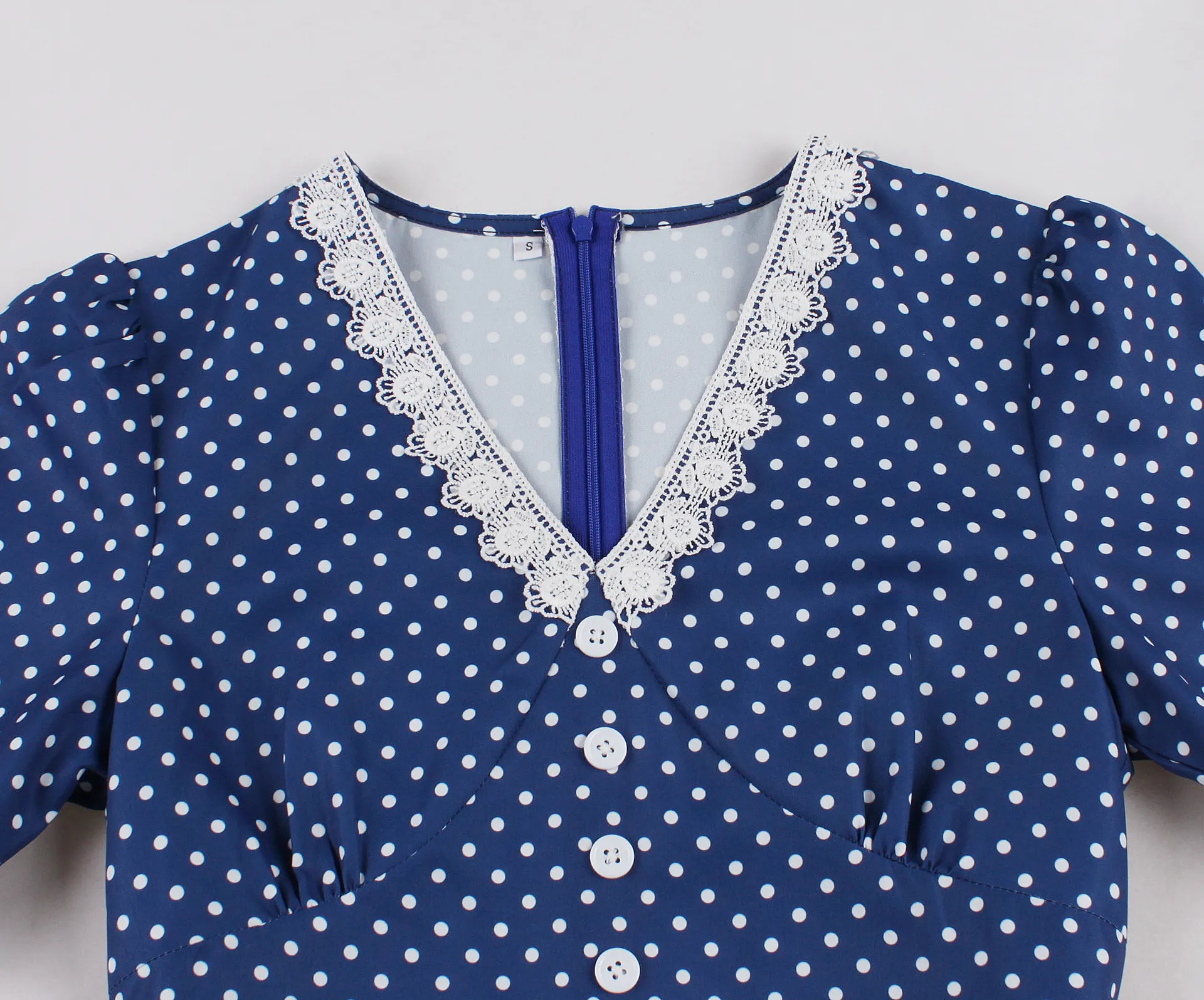 Retro French Lace Trim V-Neck Polka Dot Dress with Belt
