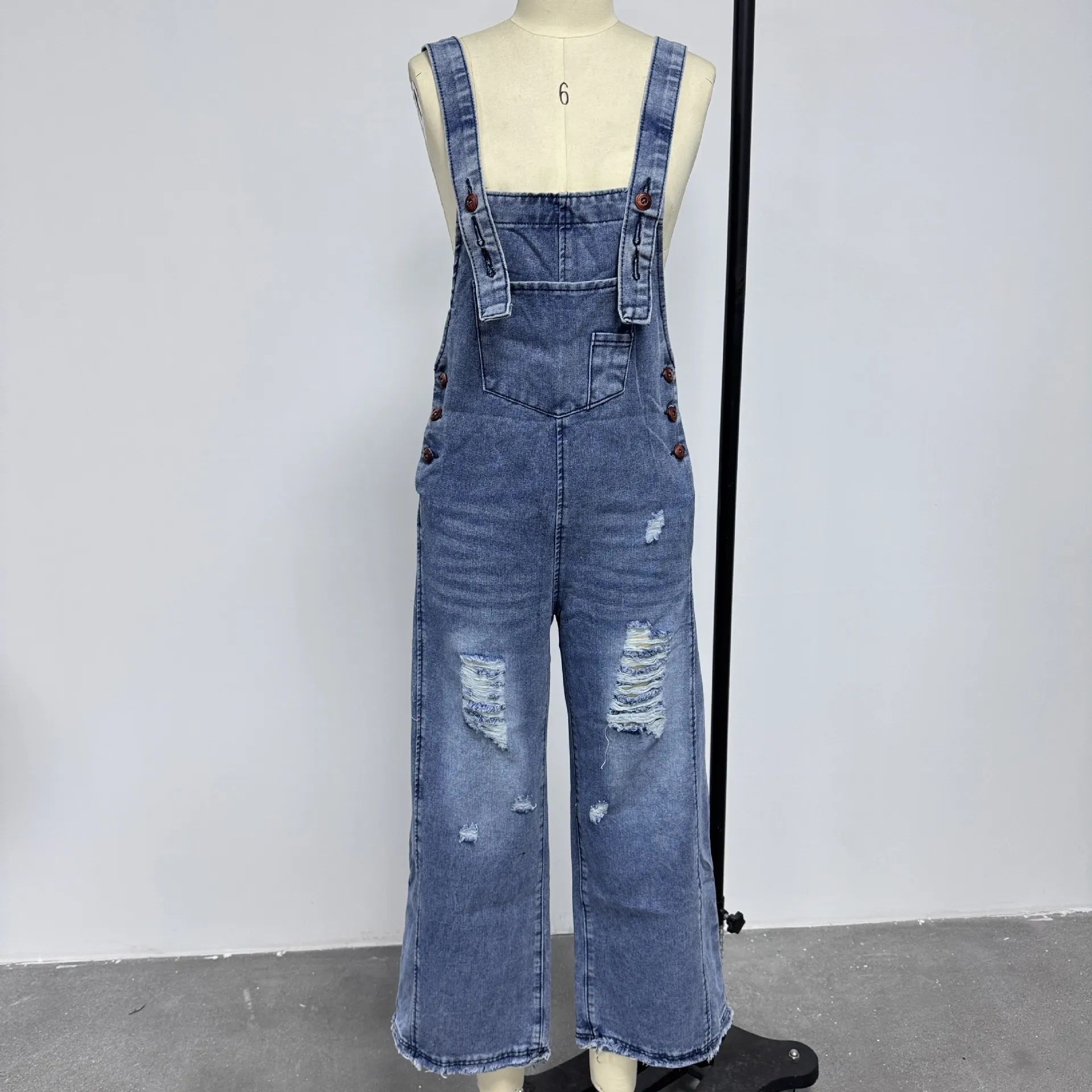 Distressed Ripped Wide Leg Denim Overalls