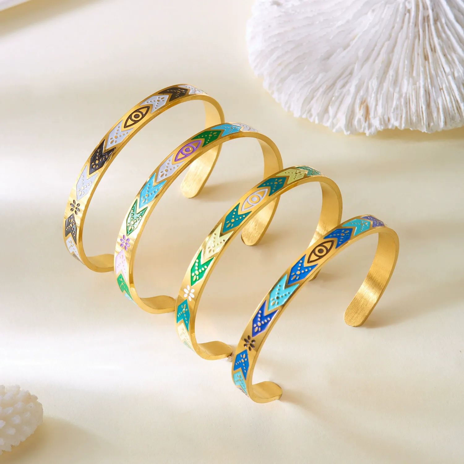 Colorful Enamel Evil Eye Stainless Steel Cuff Bangle