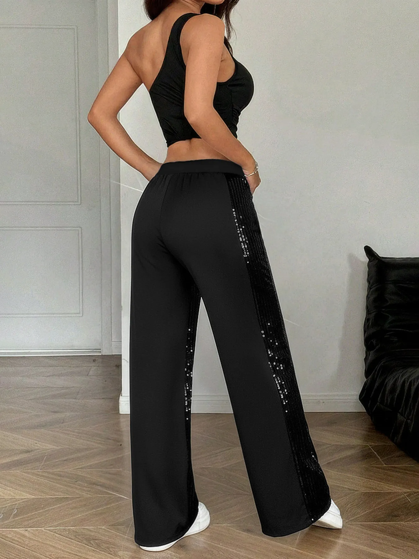 Black Sequin Patchwork Straight Leg Pants