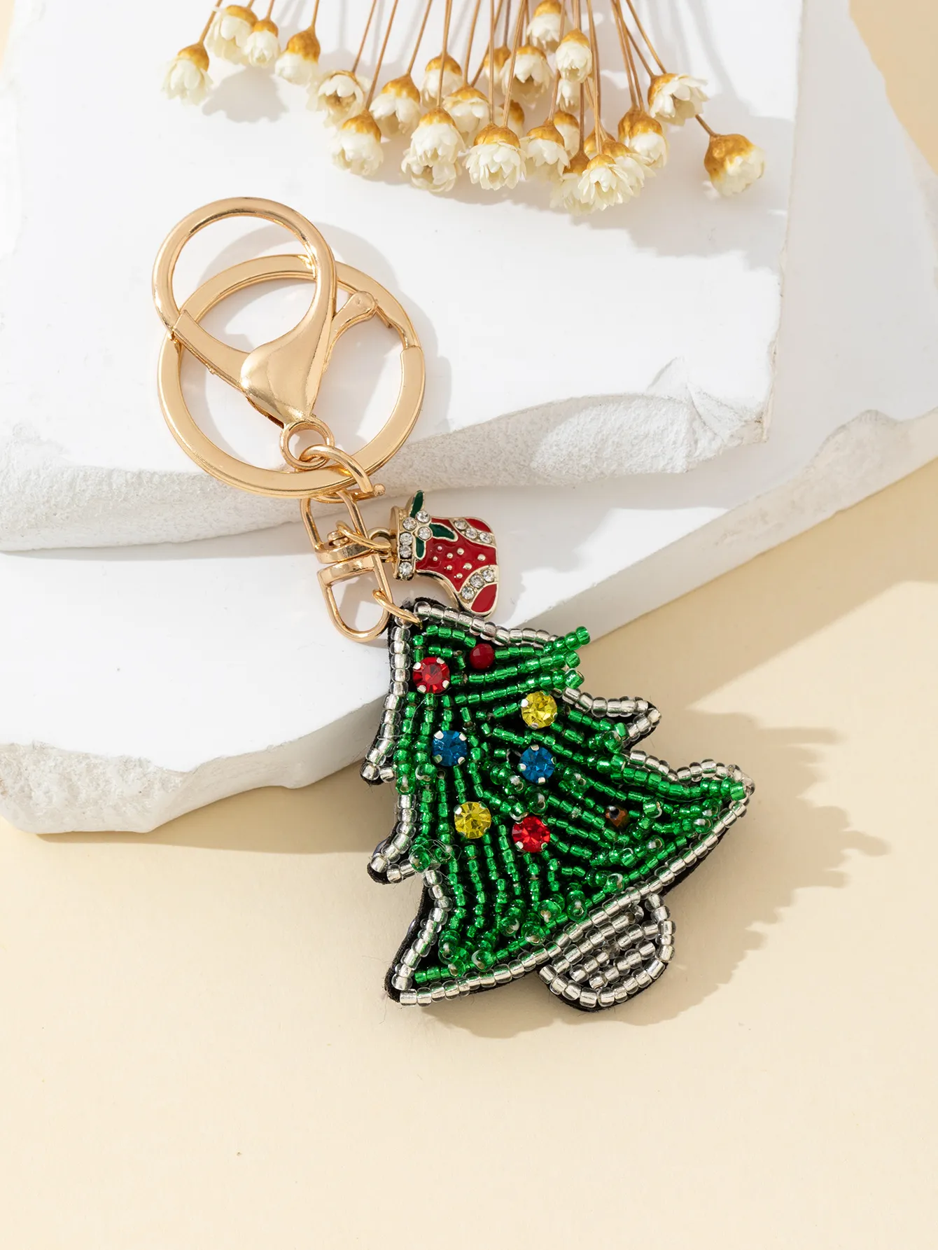 Handmade Green Seed Bead Christmas Tree Keychain