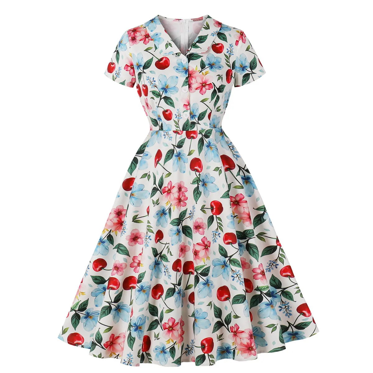 Retro Cherry Print Polo A-line Dress