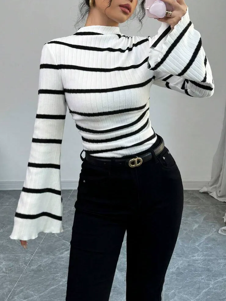 Striped Brushed Knit Mock Neck Bell Sleeve Top