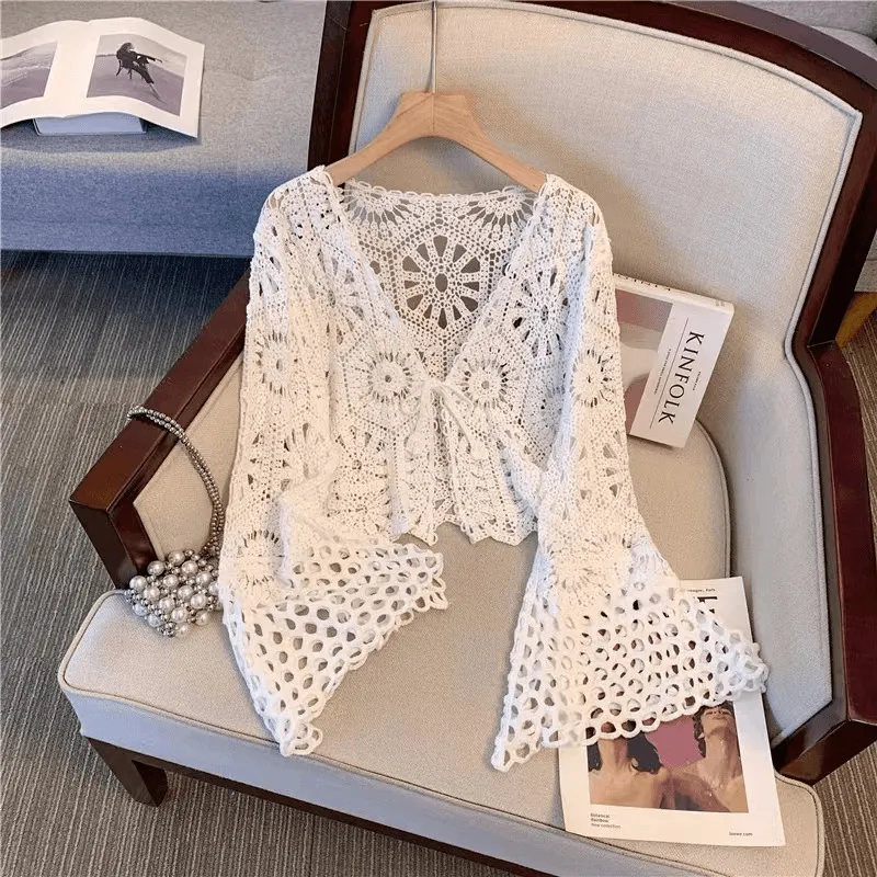 Boho Tie-Front Long Sleeve Crochet Cardigan