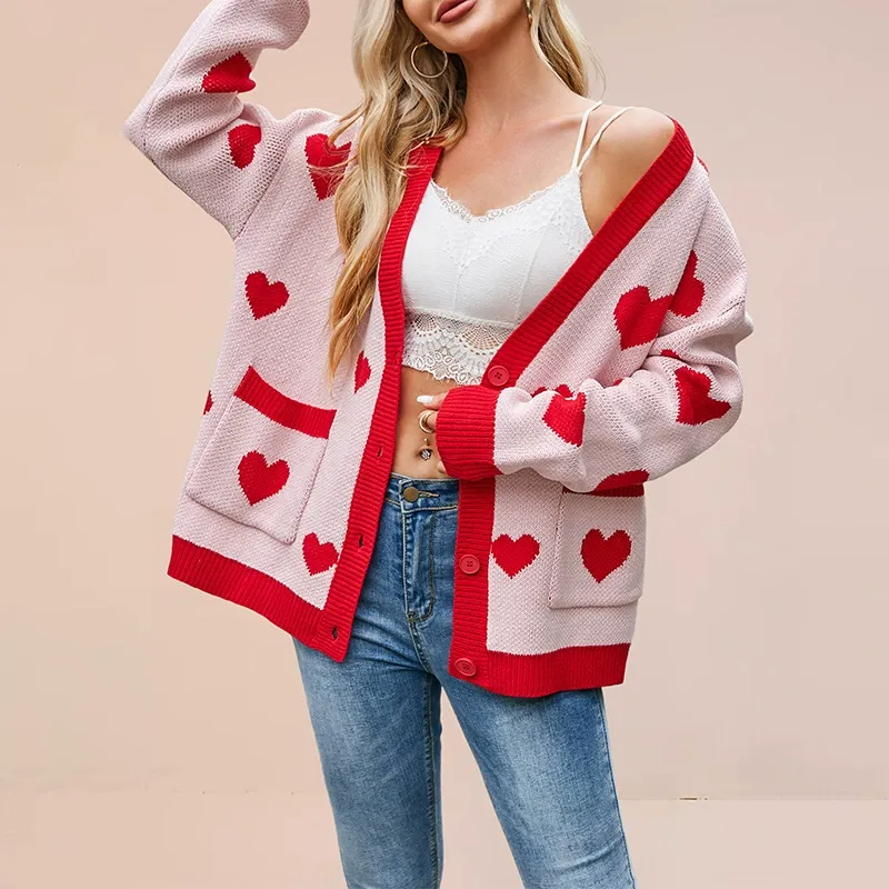 Heart Knit V-Neck Pocket Cardigan