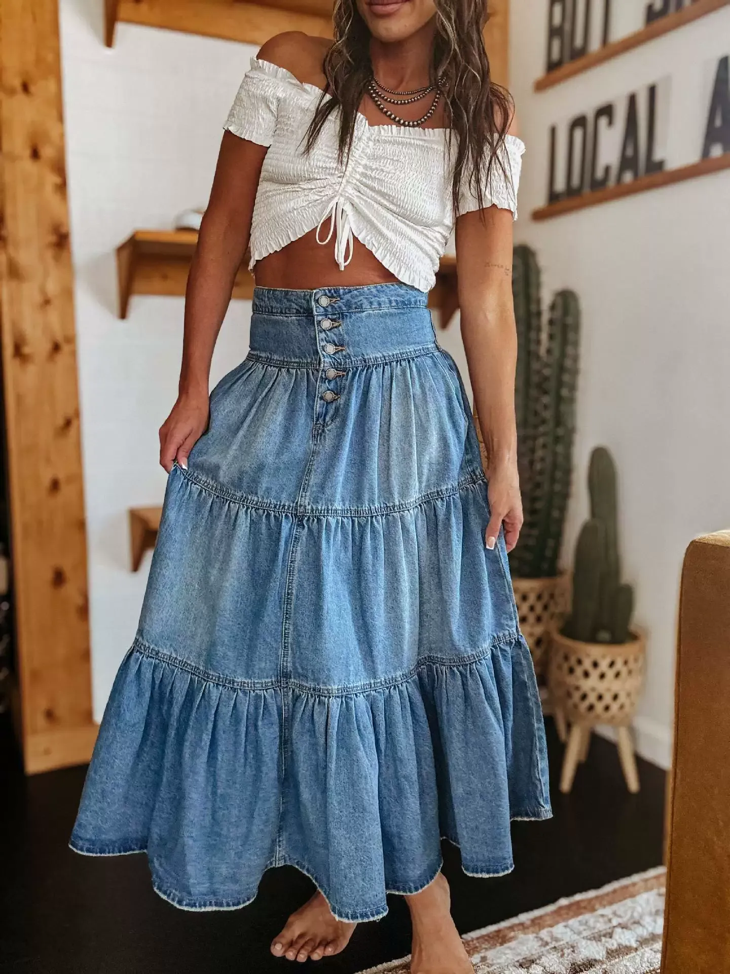 Bohemian A-line Tiered Denim Skirt