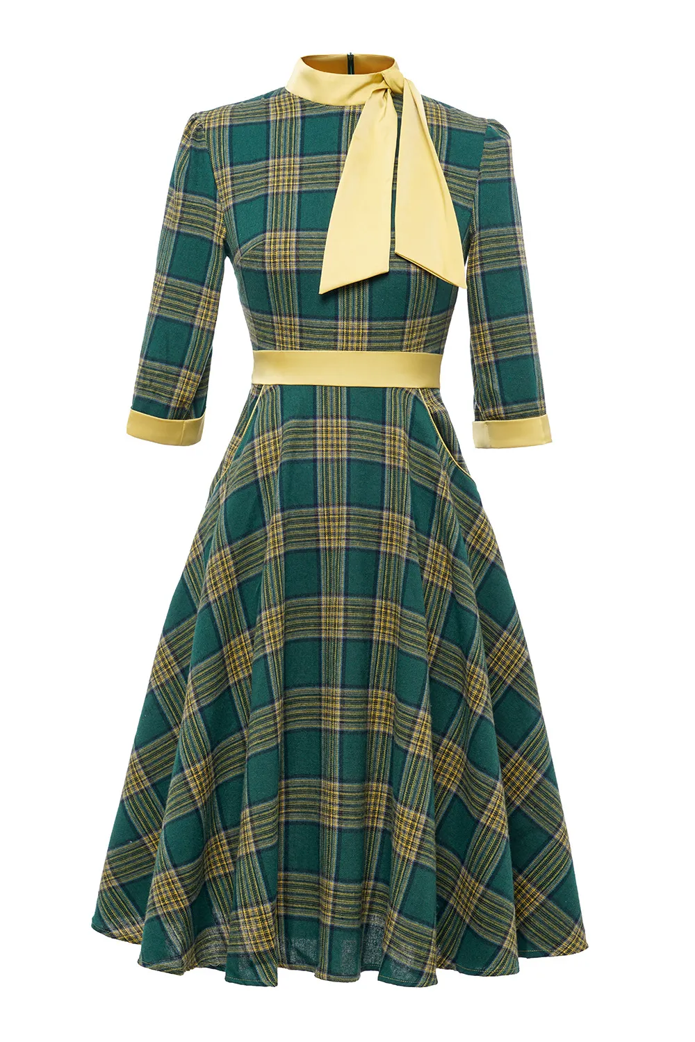 Green Plaid High Neck 3/4 Sleeve Belted Dress