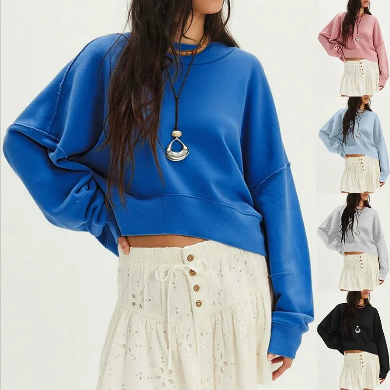 Solid Color Loose Fit Cropped Long Sleeve Pullover Sweatshirt