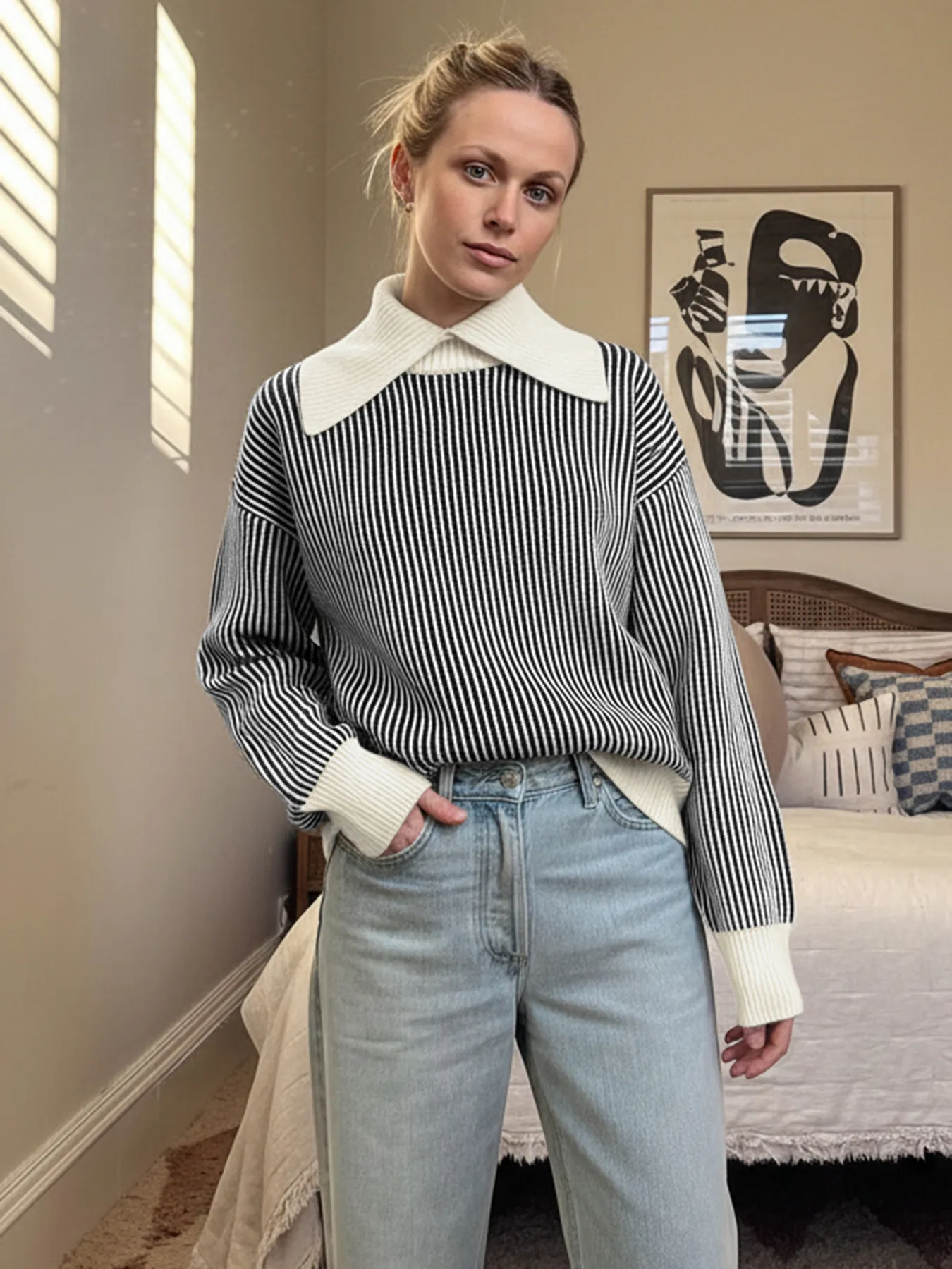 Relaxed Fit Colorblock Striped Turtleneck Sweater