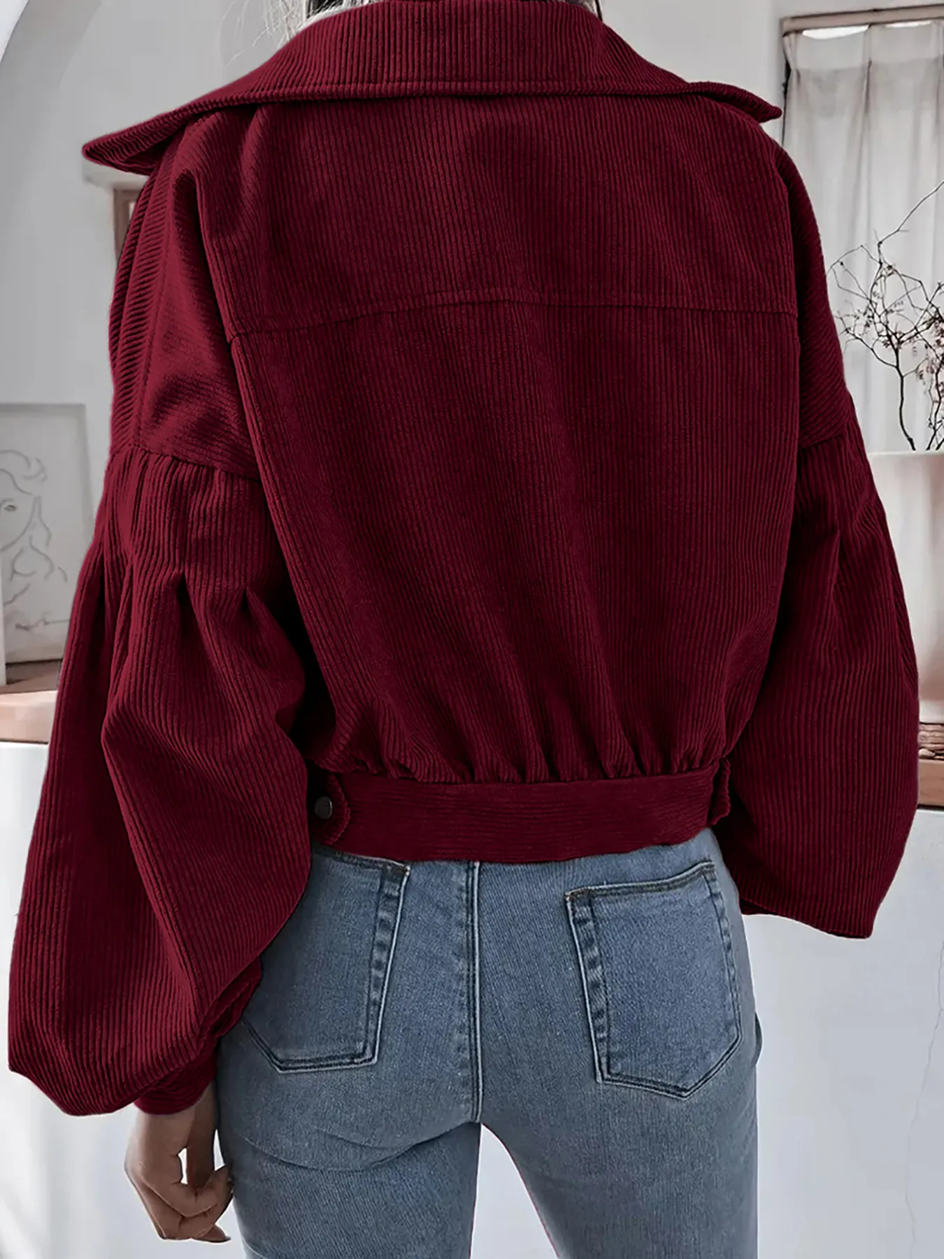 Casual Corduroy Lantern Sleeve Crop Jacket
