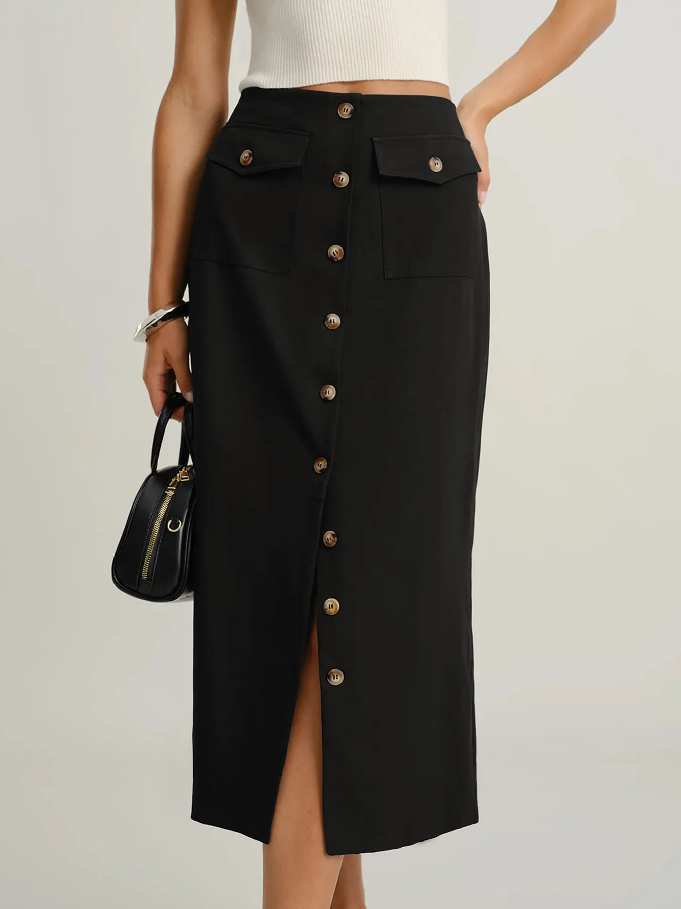 Retro Chic Button Slit Pencil Skirt