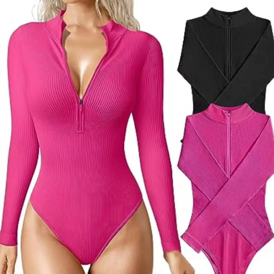 Ribbed Long Sleeve Front-Zip Bodysuit