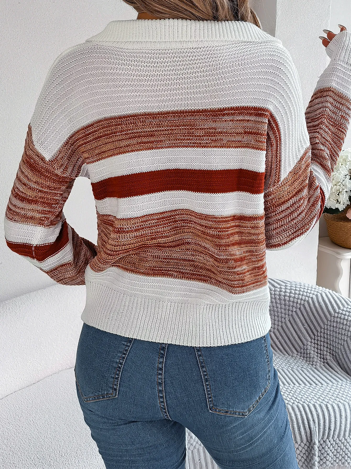 Casual Turn-Down Collar Colorblock Striped Knit Pullover Sweater