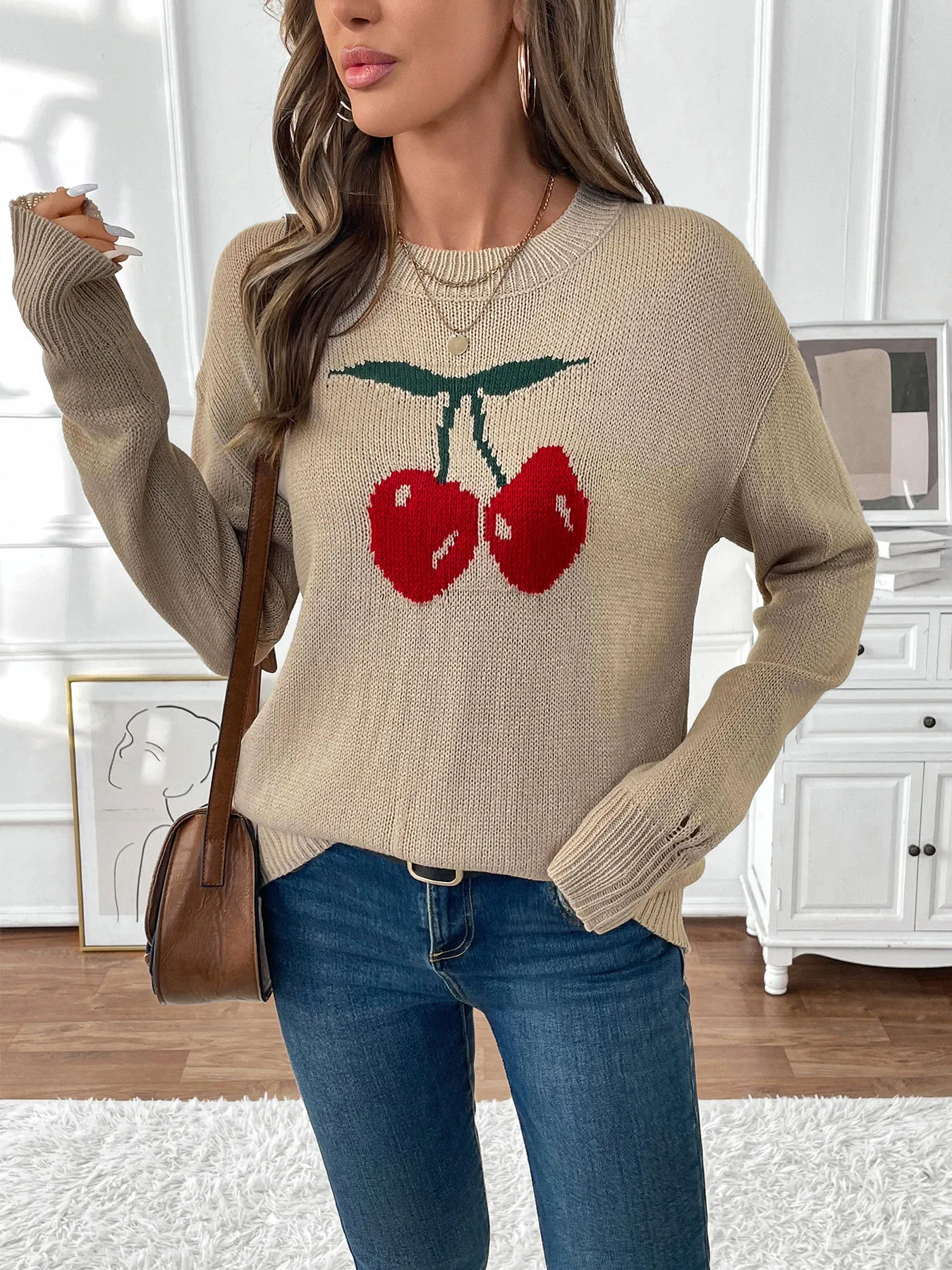 Oversized Cherry Crew Neck Knit Sweater