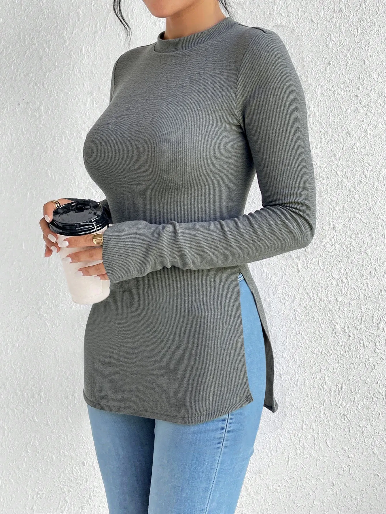 Slim Fit Side Slit Long Sleeve Top