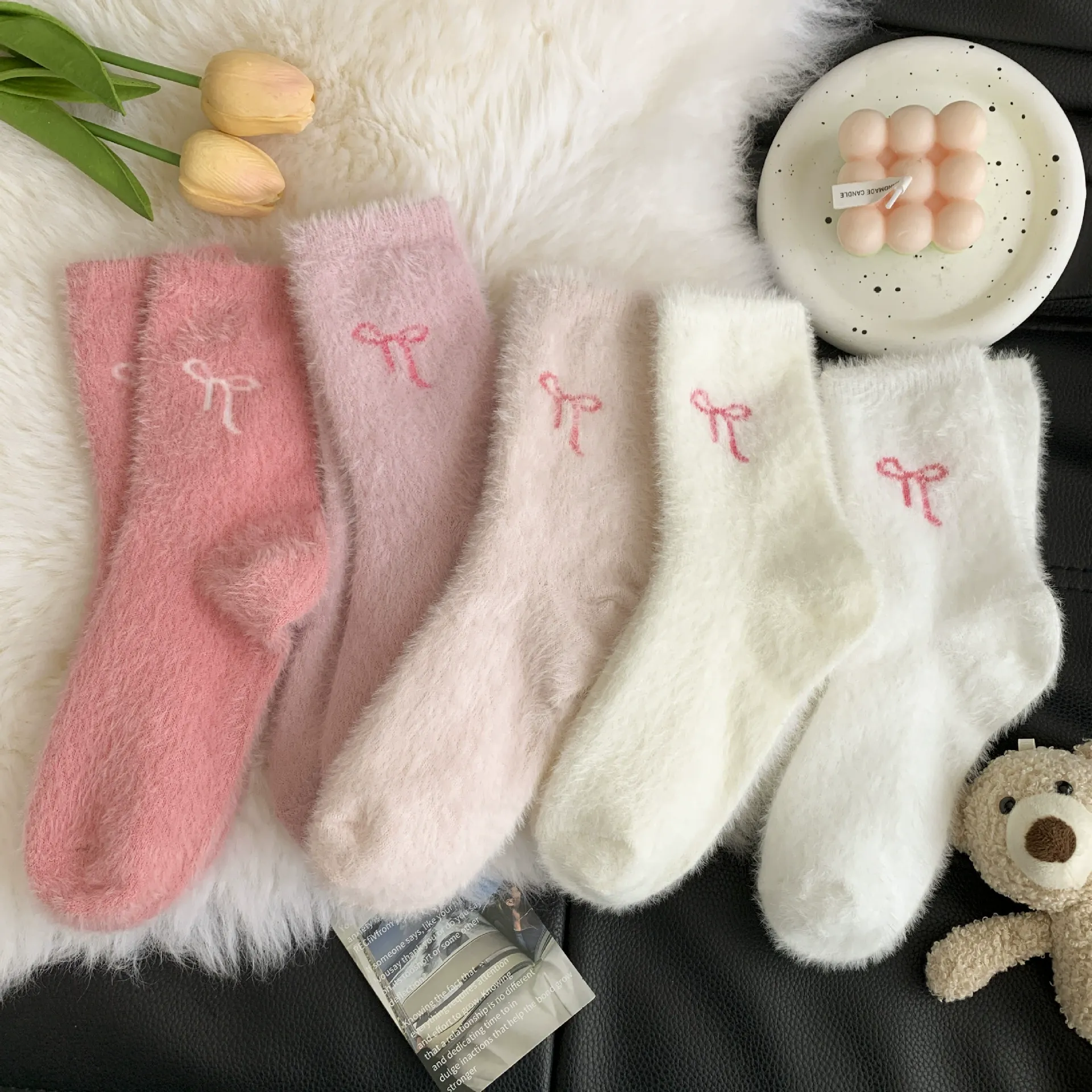 Mink Fleece Bow Sleep Socks