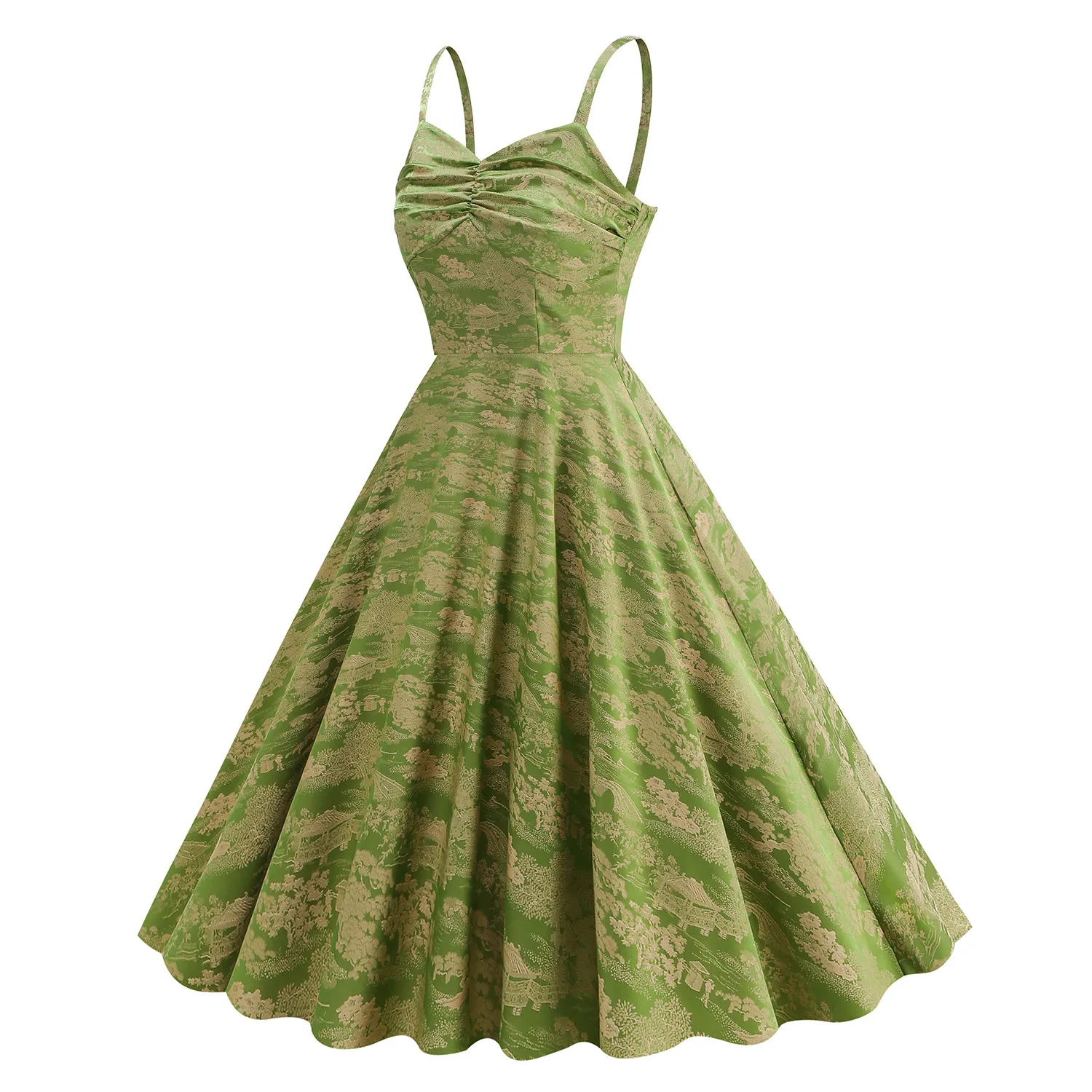 Vintage Jacquard Spaghetti Strap A-Line Midi Dress