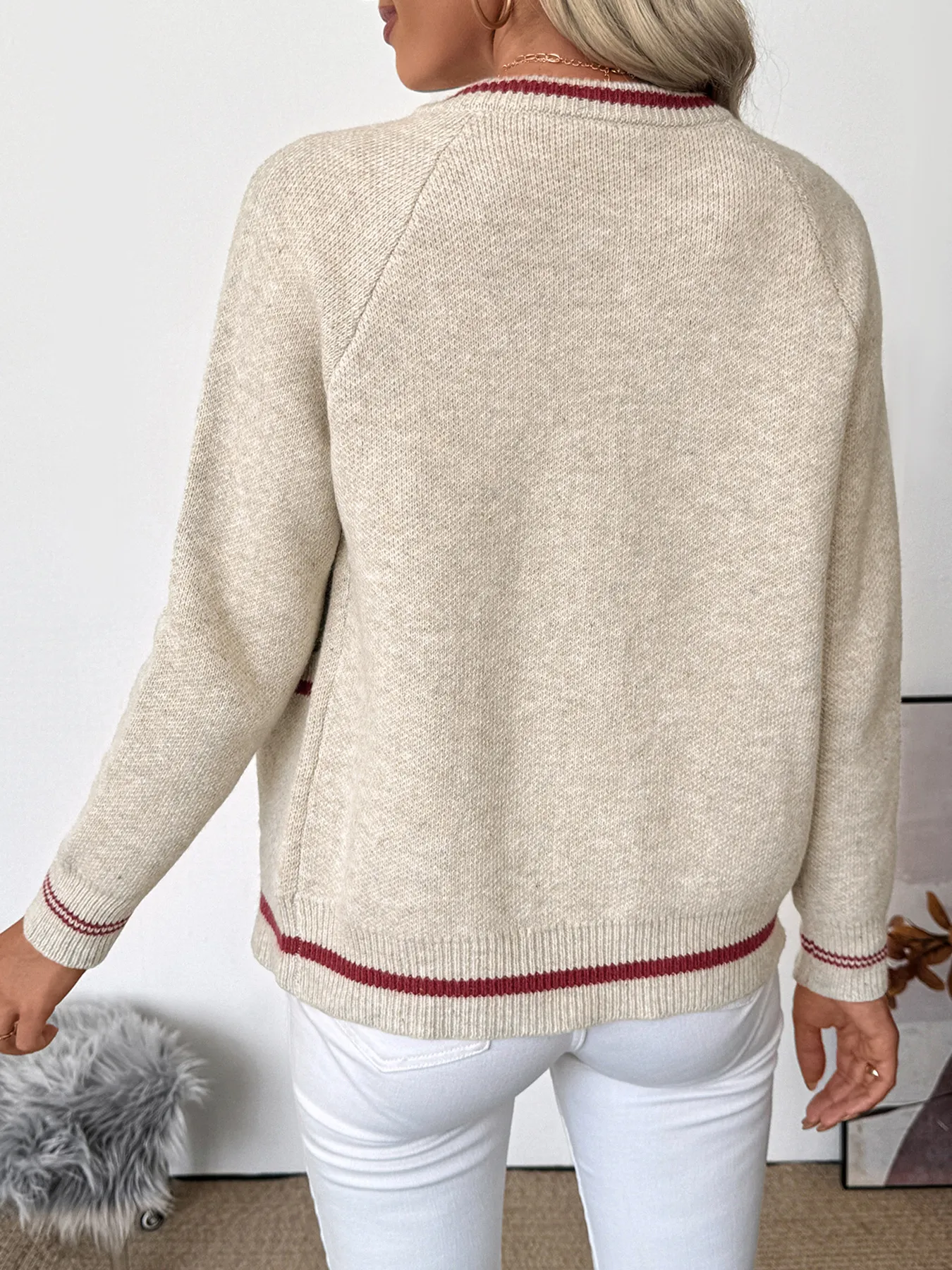 Contrast Trim Crew Neck Knit Cardigan