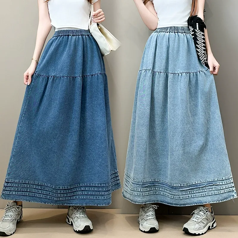 Washed Paneled Elastic Waist Midi Denim Skirt