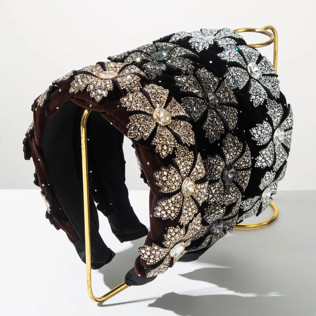 Wide Braided Velvet Headband with Sparkling Rhinestone Flowers