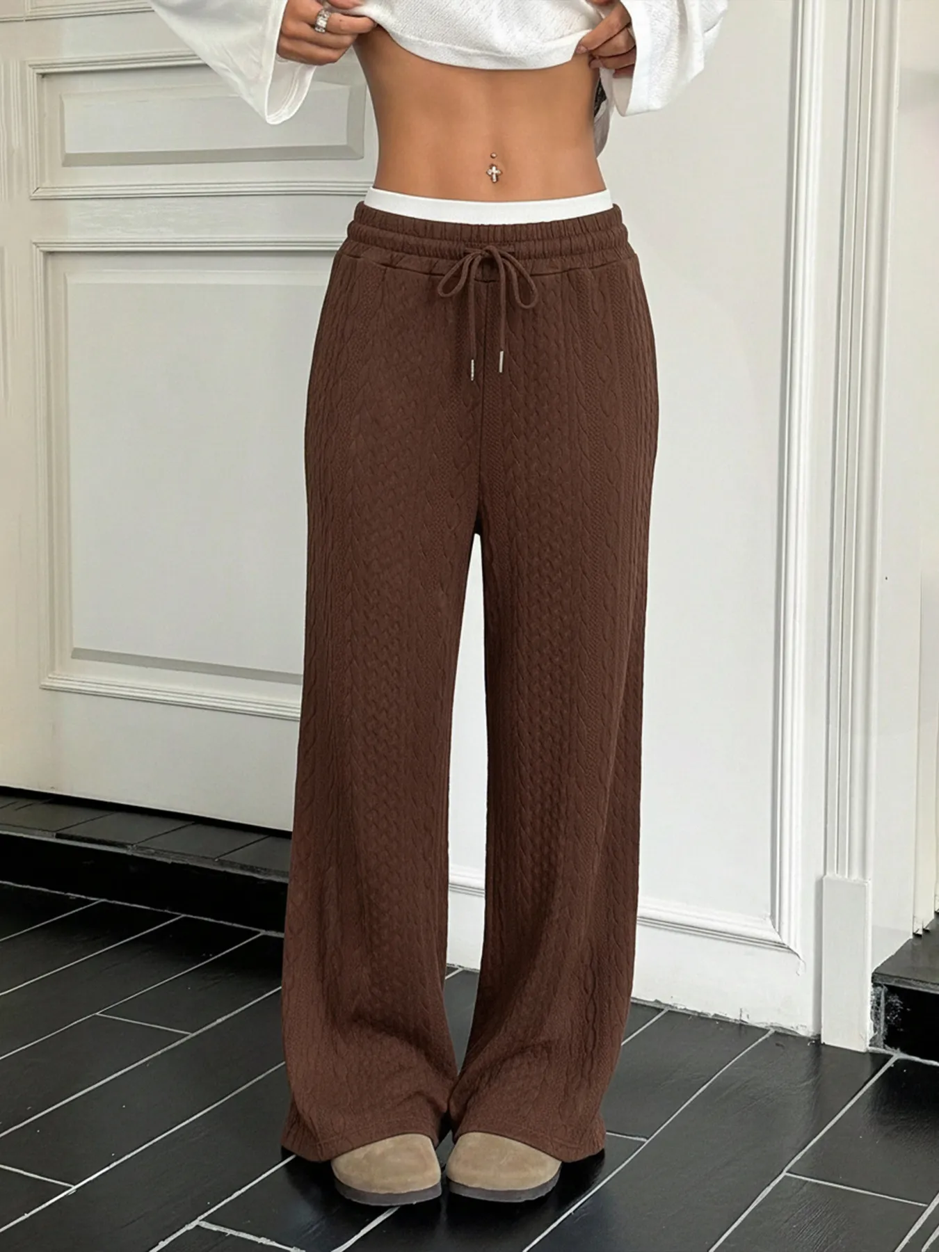 Color Block High Waist Wide Leg Drawstring Pants