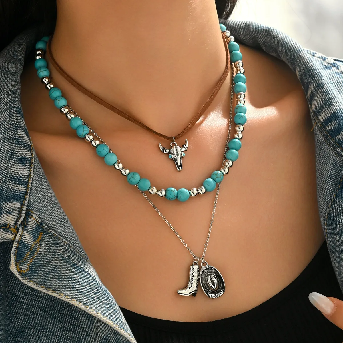 Antiqued Western Faux Turquoise Bull Skull Necklace Set with Hat & Boot Charms