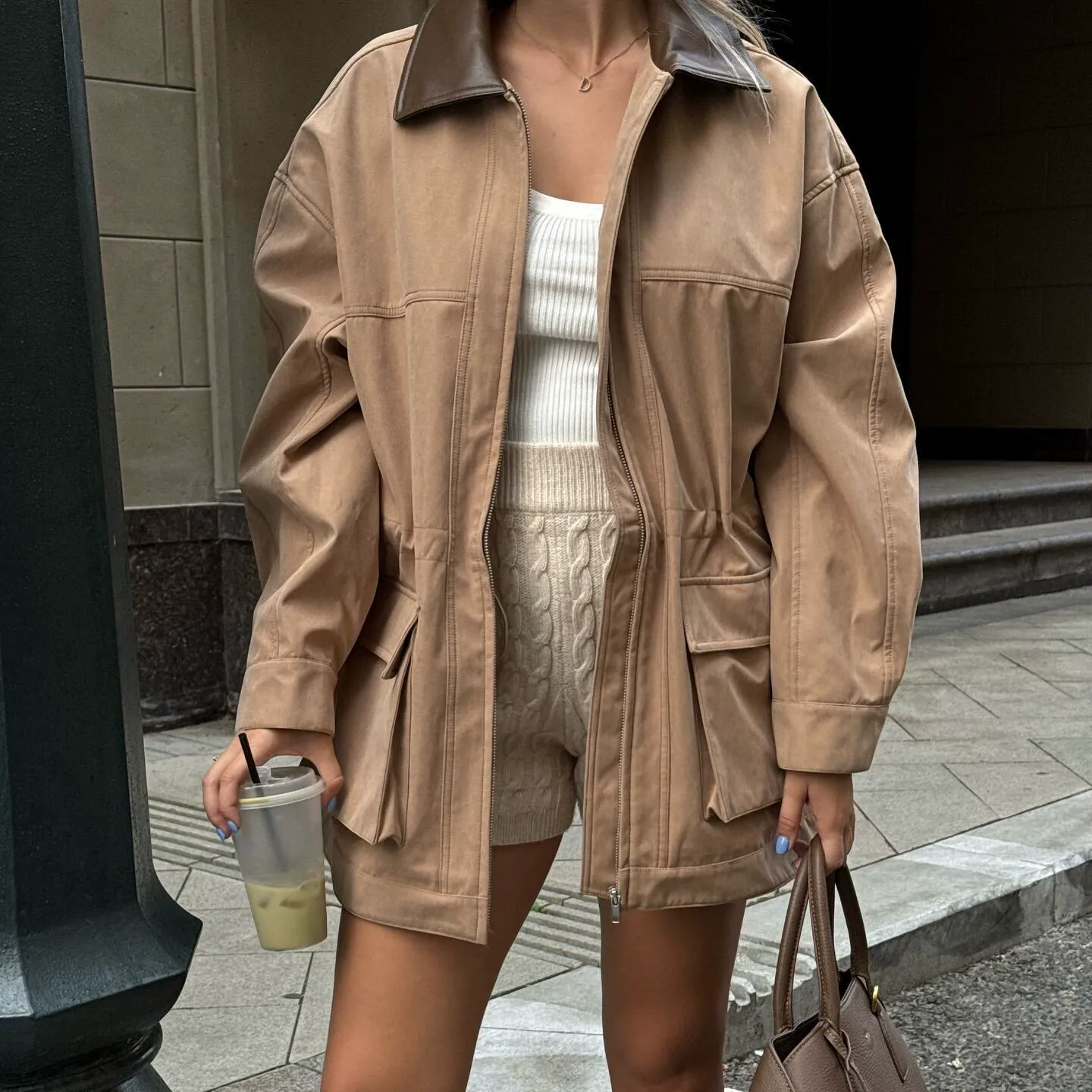 Faux Suede Mid-Length Coat with Contrast Lapel and Big Pockets