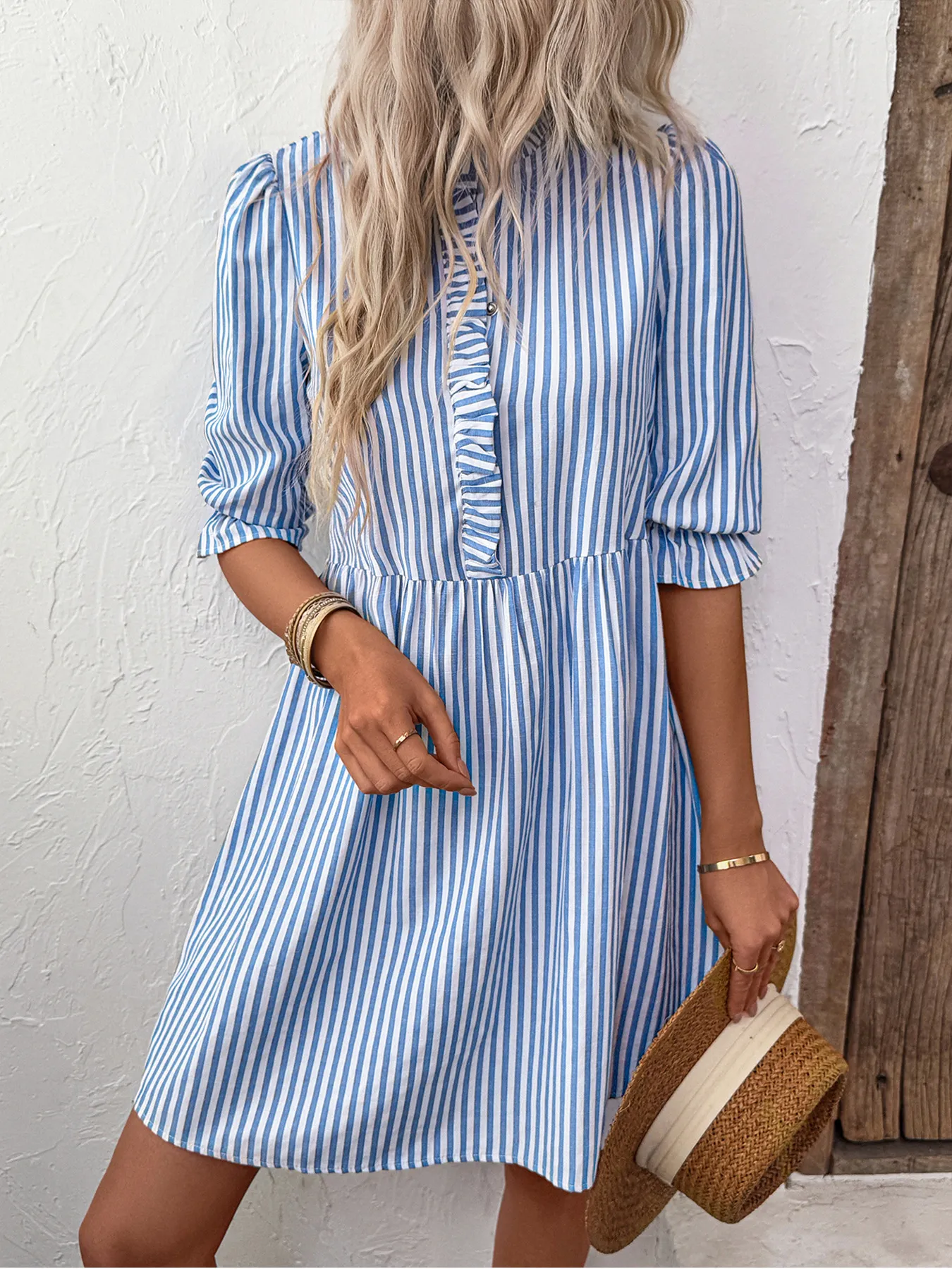 European Vintage Puff Sleeve Striped Mock Neck Dress