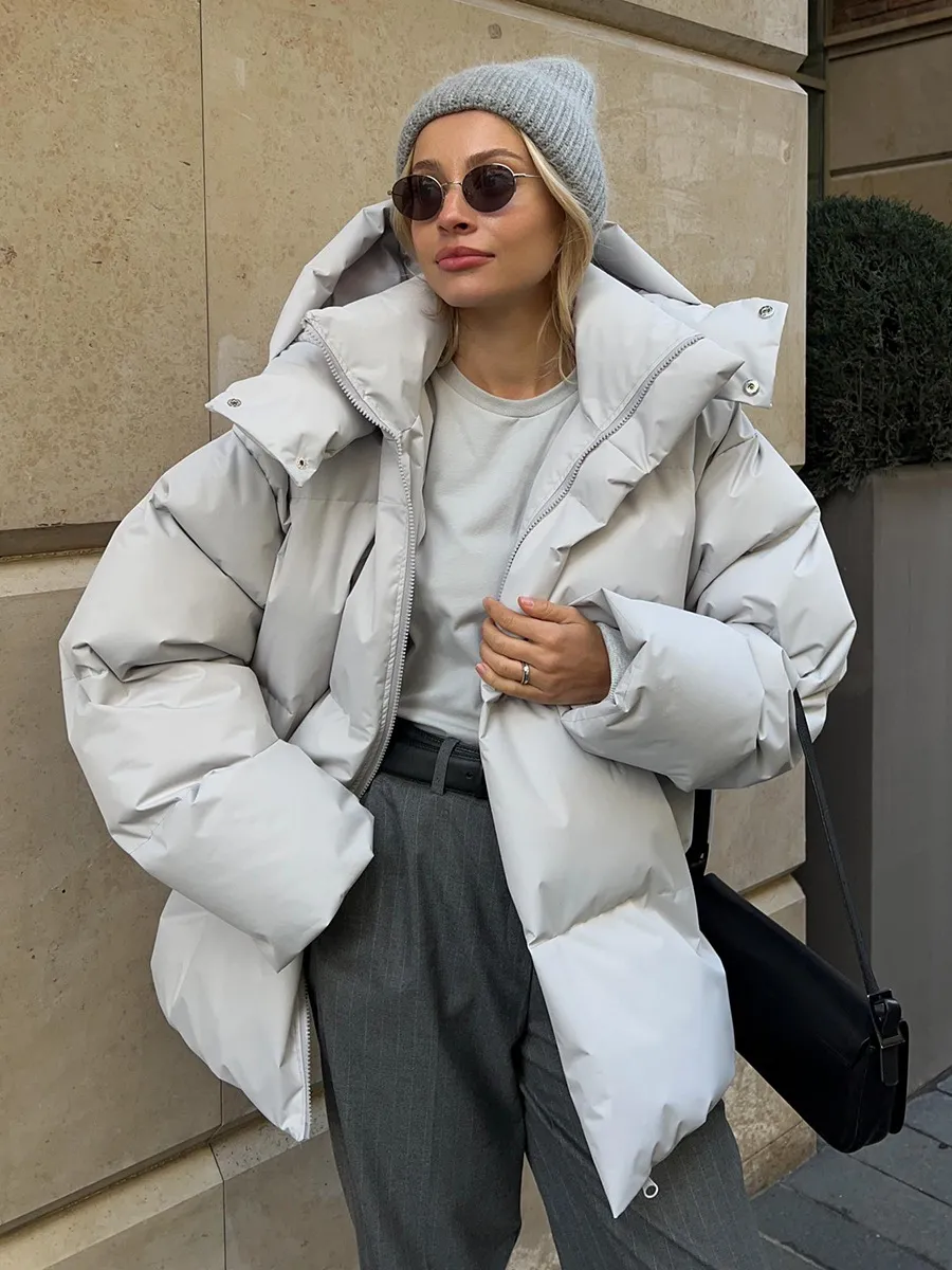 Solid Color Loose Fit Hooded Puffer Jacket