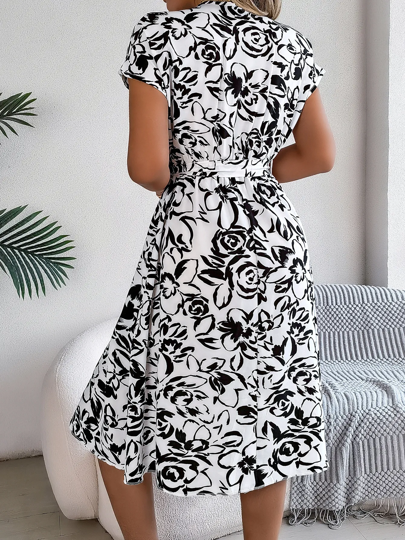 V-Neck Button Floral Swing Dress