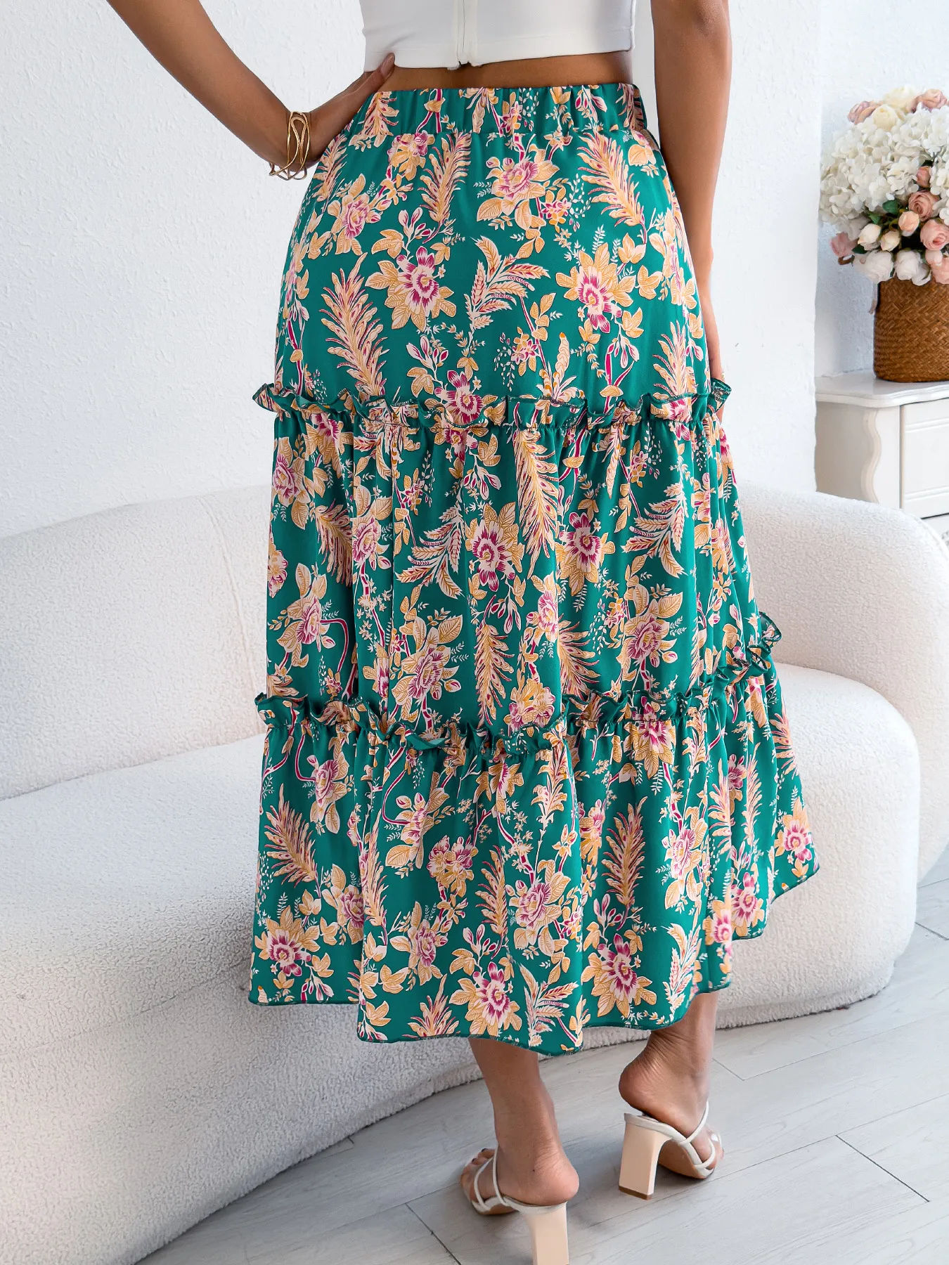 Casual Floral Print Ruffled Midi Beach Skirt